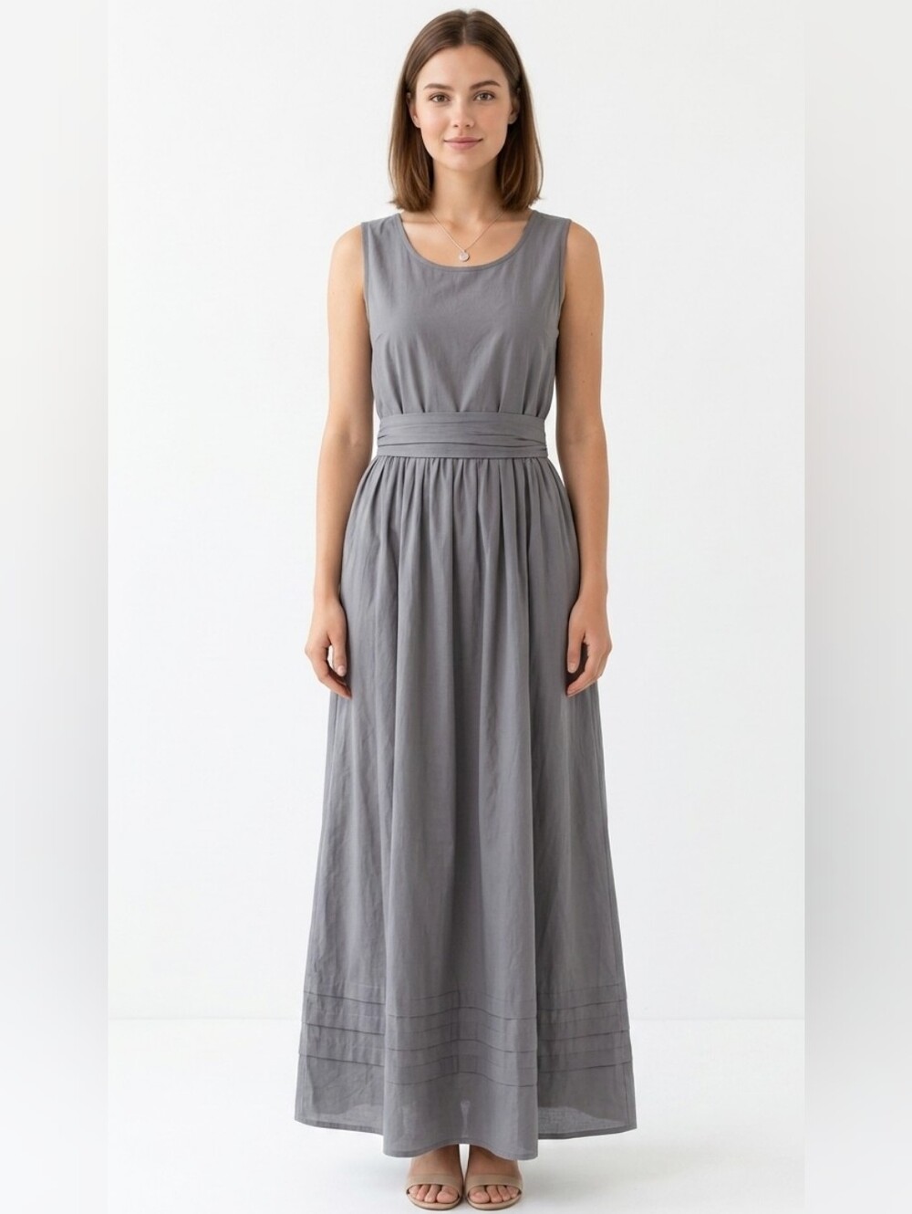 Lagenlook Homestead Gray Classic A-Line Sleeveless Gray Cross Back Maxi Dress M